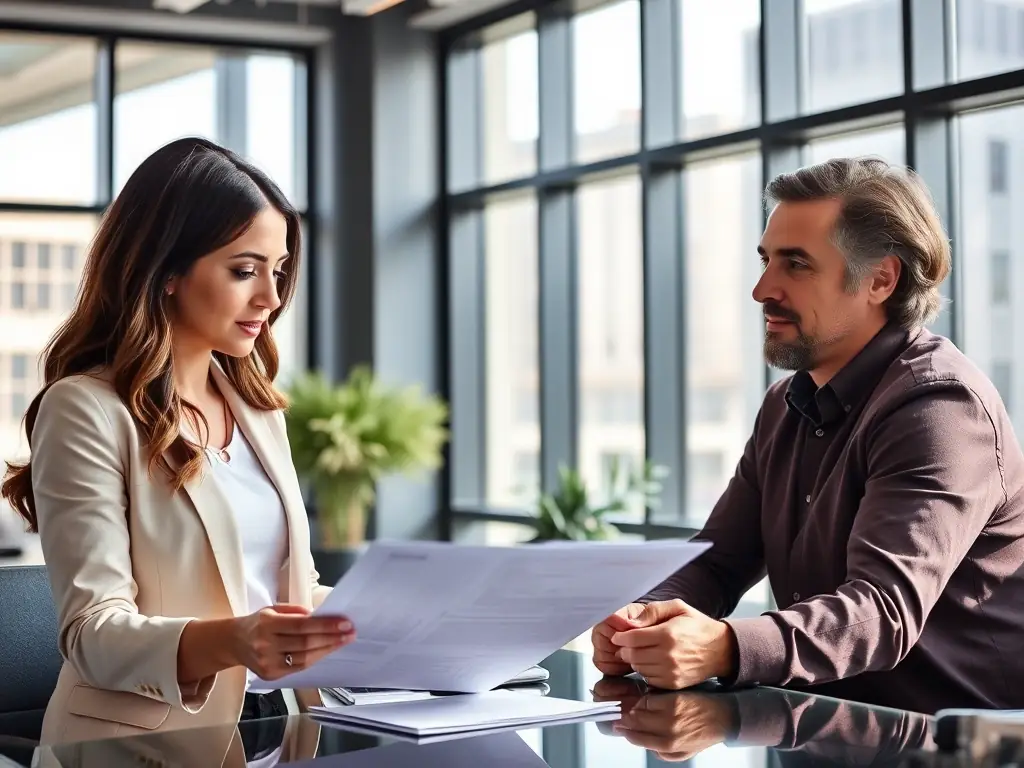 An image of Inna Mizrahi consulting with clients in a modern office setting, reviewing property documents and discussing investment strategies.