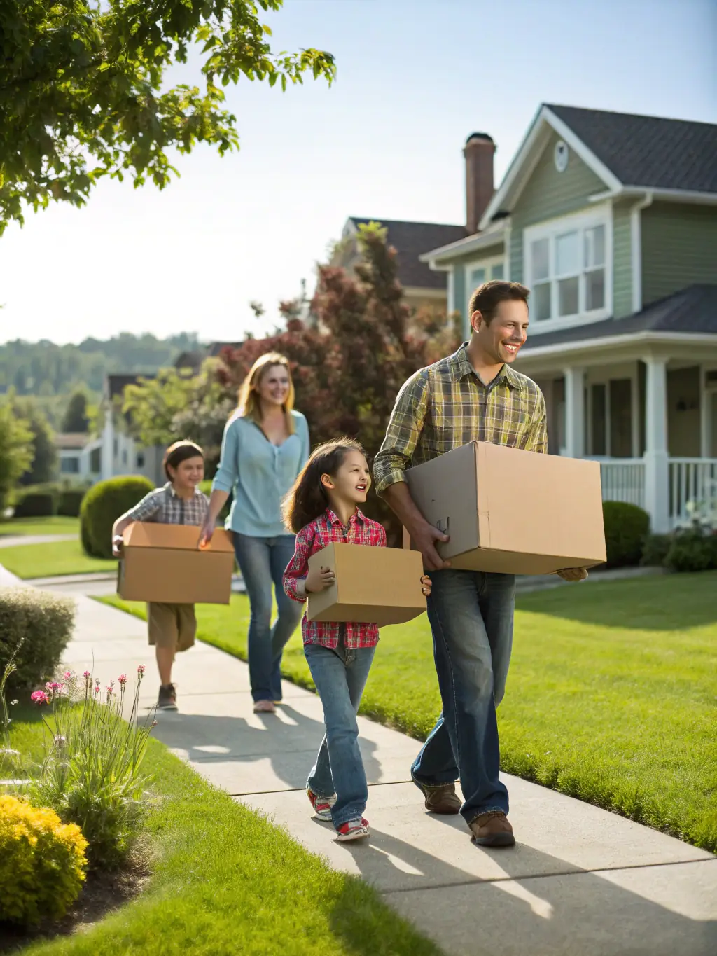 A family happily moving into a new home, representing Inna Mizrahi's relocation services in Las Vegas.
