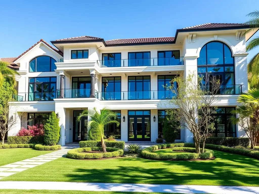 A high-quality photo of a luxury home exterior in Las Vegas, showcasing modern architecture and landscaping, under a bright sunny sky. The image represents Inna Mizrahi's expertise in luxury real estate.