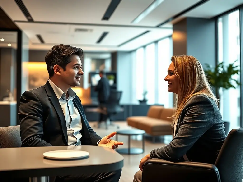 A professional photo of Inna Mizrahi discussing property details with a client in a modern office setting. The image conveys trust, expertise, and personalized service.